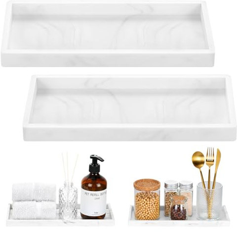 Luxspire Bathroom Vanity Tray, 11.8 x 5.1 Silicone Kitchen Sink Tray for Soap Dispenser, Bathroom Countertop Organizer for Perfume Soap Towel Bathroom Accessories, 2 Packs, Marble White