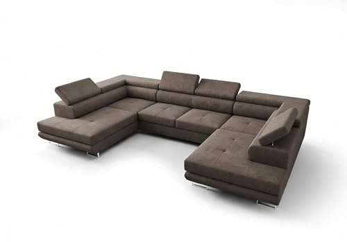 O-Sofa Wohnlandschaft Praga Design U, Eckcouch in U-Form mit Schlaffunktion, Farbe: Grau, Velourstoff, Ottomane Universal