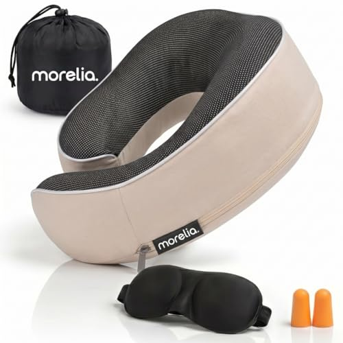 Morelia Komplettes Set Nackenkissen - Luxuriöses Reisekissen für Flugzeug und Auto - Memory Foam (BEIGE)