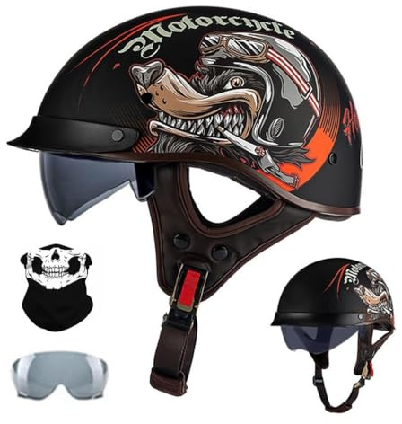 URYWTXY Casco Moto retrò Stile Tedesco retrò, Casco a Mezza Calotta Approvato DOT Casco a Mezza Calotta da Uomo e Donna con Fibbia Rapida, per Motocicletta, Scooter e Bici Elettrica