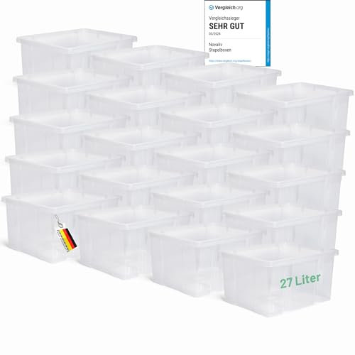 Novaliv 20x Aufbewahrungsboxen ohne Deckel 27L transparente Nestbar Drehstapelbox Euroboxen Kunststoffboxen BPA-frei 44,5x35,5x23 cm für Kistenregal