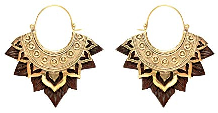 81stgeneration Damen Gold Messing Handgeschnitztes Holz Lotus Blume Creolen Ohrhänger Ohrringe
