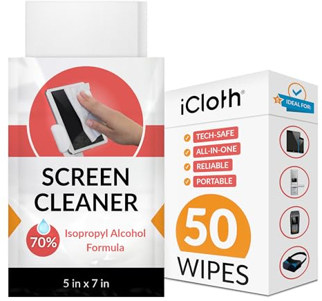 iCloth 70% Isopropyl Alcohol Cleaning Wipes – For Personal Devices & Surfaces – Screen Cleaner For All Kinds of Electronics – Streak-Free Formula & Lint-Free Cloth – Box of 50