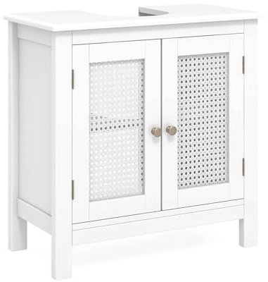 COSTWAY Waschbeckenunterschrank Weiß, Badezimmerschrank mit 2 Rattantüren & verstellbaren Regal, Badezimmer Unterschrank in Landhausstil, Waschtischunterschrank, 60 x 30 x 60 cm (Rattantür)