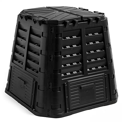 VonHaus Compost Bin for Garden 480L – Composter with Slatted Design for Aeration, Rainwater Collection, Side Flap & Lid – Outdoor Compost Converter – Frost & UV Resistant - Black