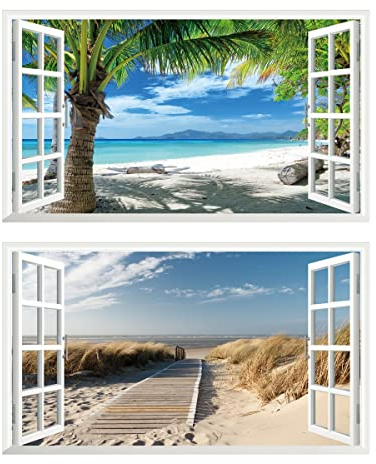 Chicbanners 2Pcs Wandtattoo Meer Strand Beach Natur Landschaft 3D Effekt XXL Wandaufkleber Fenster Selbstklebend Wandsticker für Junge Mädchen Kinderzimmer Groß 1000mmx600mm