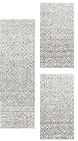 SIMPEX Bettvorleger Schlafzimmer Teppich Bettumrandung 3 Teilig Läufer Flur Küchenteppich Bettläufer Boho Stil Skandinavisches 3D Design Kurzflor Soft & Extra Weich Farbe: Creme