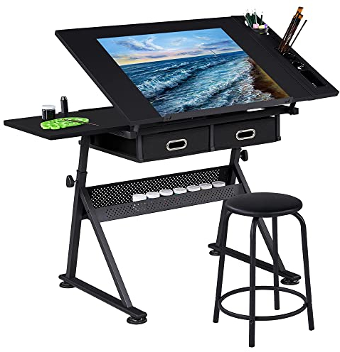 Yaheetech Art Desk/Table with Adjustable Height 65-90.5cm, 2 Drawers & Tiltable Tabletop, Drafting/Drawing Table Art/Craft Desk with Stool Load Capacity 220 lb Home and Office Furniture