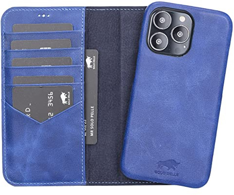 Solo Pelle Lederhülle kompatibel für iPhone 13 Pro in 6.1 Zoll abnehmbare Hülle (2in1) inkl. Kartenfächer für das original Apple iPhone 13 Pro (Vollleder Vintage Blau)