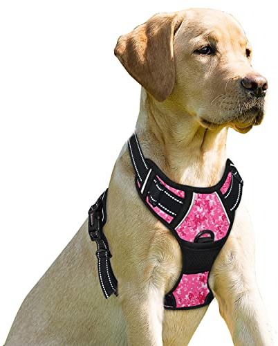 BARKBAY No Pull Dog Harness Front Clip Heavy Duty Reflective Easy Control Handle for Large Dog Walking(Pink camo,M)