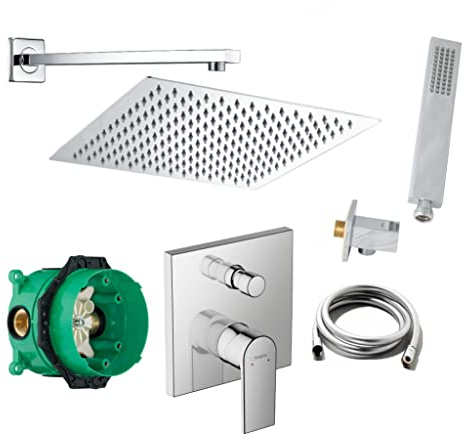 vanvilla Sistema doccia con miscelatore incasso doccia di Hansgrohe Vernis Shape e doccia a pioggia vanvilla con miscelatore, soffione doccia angolare, kit doccia HG32 cromo