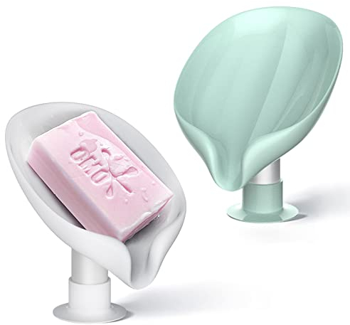 Lot de 2 porte-savon en forme de feuille avec ventouse, facile à nettoyer, sans perforation nécessaire pour cuisine, douche, salle de bain, etc. (gris + vert)