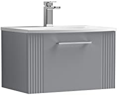 nuie DPF294G Deco Modern Bathroom Wall Hung 1 Drawer Part Fluted Vanity Basin Unit with Curved Ceramic Basin, 600mm, Satin Grey