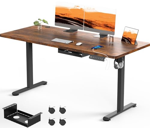 Flamaker Large Standing Desk 160x80cm with USB Charging Port, Sit Stand Reminder Desk Height Adjustable Electric Desk for Home Office with Cable Management Tray, Rustic Brown with Wheels