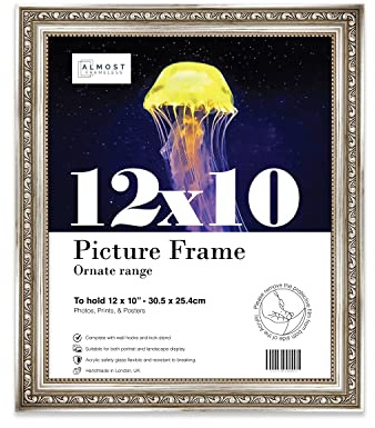 Almost Frameless 12x10 Silver Ornate Picture Frame 12x10(30.5x25.4cm) Poster, Photo, Artwork, or Print. Elegant Style Portrait and Landscape Display with Wall Hooks