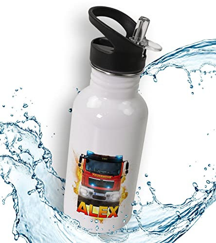 timalo® Trinkflasche Feuerwehrauto für Kinder personalisiert mit Namen | auslaufsichere Edelstahl Sportflasche Kindergarten Geschenk für Jungen und Mädchen 400mL | Feuerwehr 1