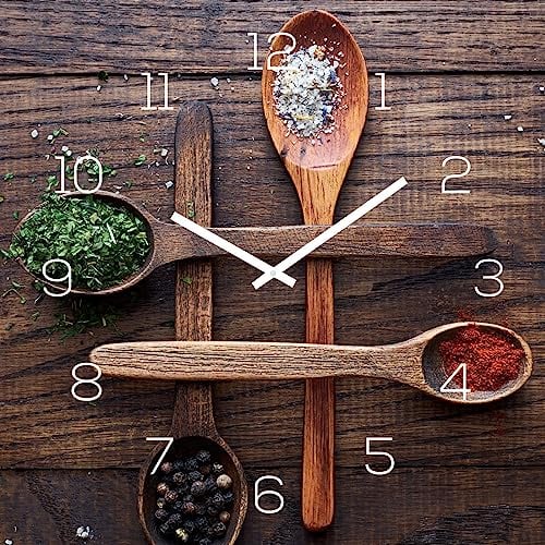 Wanduhr 30x30cm Glasuhr Küchenuhr Gewürze Glasbild Uhr Wanddeko Küche Glas Deko Küchendeko