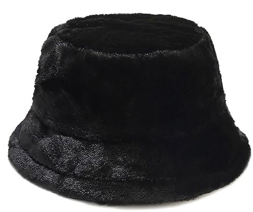 XYIYI Schwarz Pelzig Fischerhut Bucket Hat Winter Wärmer Eimer Hut Flauschige Fischermütze für Damen Mädchen
