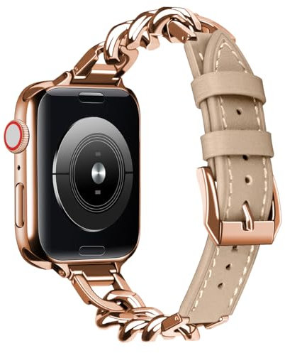 Hstrap Compatible with Apple Watch Band 38mm 40mm 41mm for Women RoseGold Chain Genuine Leather Watch Band for iWatch Ultra 2/Ultra SE Series 9 8 7 6 5 4 3 2 1 Apricot