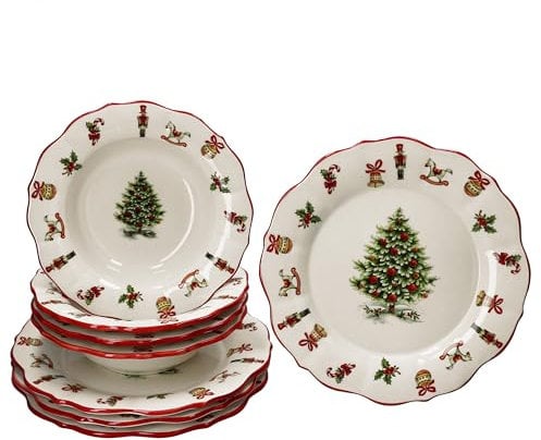 MamboCat Maestro Natale - Servizio da tavola da 8 pezzi, in ceramica italiana, per 4 persone, con decorazioni natalizie, 4 piatti fondi profondi e 4 piatti piani piani per Natale, Avvento e Nicola