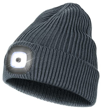 Wmcaps Mütze mit Led Licht, Strickmütze mit Licht Männer Geschenke Wiederaufladbare USB Laufmütze mit Licht Extrem Heller 4 LED Lampe Geschenke Männer Frauen, Dunkelblau Grau