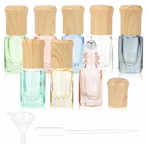 Heveer Ätherische Öle Roller Flaschen Roll On Flasche Leer 3ML mit Edelstahl Roller Bällen Multicolor Glasflaschen für Ätherisches Öl 8 Stück