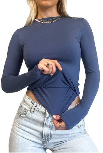 Women's Slim Fit Crop Tops Casual Solid Color Crew Neck Long Sleeve Tight T-Shirt Basic Blouse Tee Tops (X-Double Layer Navy Blue, S)
