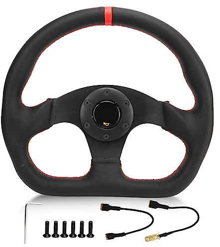 XTevu Volante da Corsa in Pelle PU 13 Pollici Volante Sportivo Universale a Forma di D da Gara con Cucitura Rossa e clacson