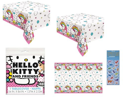 Hello Kitty Birthday Party Supplies Bundle includes 2 Plastic Table Cover and 1 Dinosaur Sticker Sheet