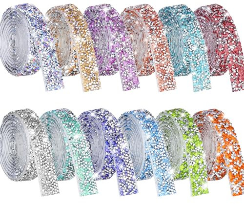 NiArt Selbstklebendes Kristall-Strassband, 12 Rollen, Vielseitig für DIY-Dekoration, Glitzersteine Selbstklebend für Textilien, Schuhe & Kleidung, Strasssteine Selbstklebend in 12 klassischen Farben