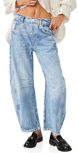 Imily Bela Damen Baggy Jeans, Boyfriend Stil, Vintage, weites Bein, Mid Rise Barrel-Denim Knöchelhosen(Plus Größen bis 4XL) Weiblich Jeans Hellblau 4