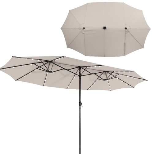 KOMFOTTEU Doppelsonnenschirm 470 x 280 x 246,5 cm mit LED, rechteckiger Sonnenschirm mit Kurbel, großer Balkonschirm mit UV 50+, Terrassenschirm für Pool, Hof (Beige)
