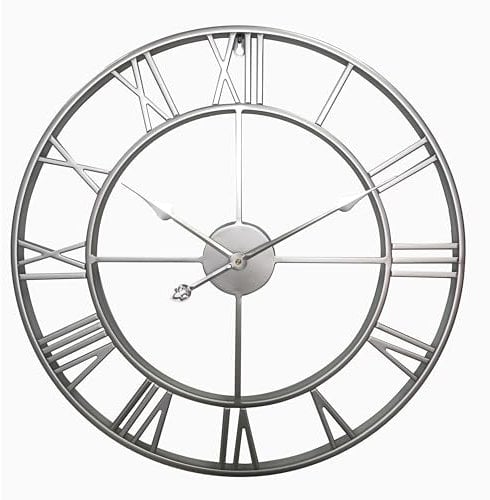 Samilito Große Wanduhr im Vintage-Stil, rund, geräuschlos,Gratis dazu EIN Extraset Uhrzeiger in Gold. Die Metalluhr für Loft, Wohnzimmer, Schlafzimmer und Küchendekoration (Schwarz). (Silber, 60 cm)