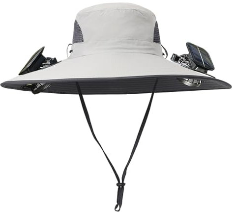 Men Women Wide Brim Sun Hats with 2 Solar Fan Waterproof Breathable Bucket Hat Outdoor Fishing Hat for Hiking Camping, Solid Light Grey, One size