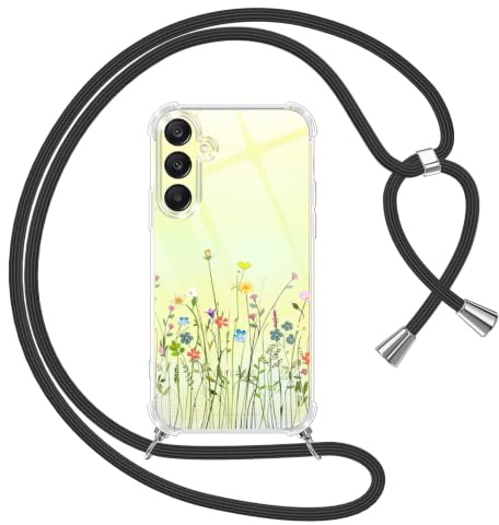 Yoedge Coque avec Cordon pour Samsung Galaxy A25 5G 6,5,Étui Collier Réglable Transparente Case avec Aesthetic Motif Fleur,Silicone TPU + PC Antichoc Housse Tour de Cou Lanière Corde Lanyard Cover,02