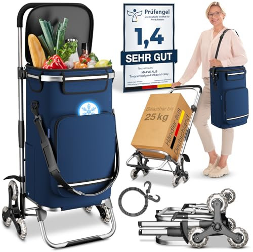 ELONEO Einkaufstrolley Treppensteiger mit Kühlfach, Einkaufsroller klappbar, Shopping Trolley höhenverstellbar, Reflektoren, abnehmbare Tasche 43 L, Hackenporsche (Treppensteiger-Trolley, Navy)