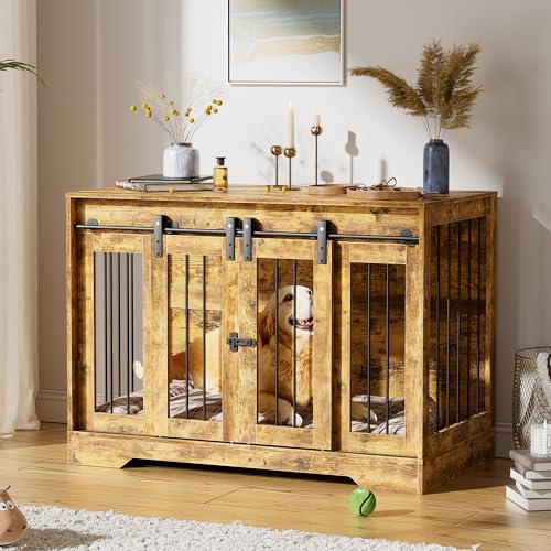 MSFE Hundebox Möbel,Holz-Hundehütte mit Doppelschiebetüren&Seitliches Türschloss,hundekäfig Indoor für Hunde Kleiner, Mittlerer Rassen,Hundehütte aus Mesh,Beistelltisch Hundehaus,105 * 58 * 75.4cm