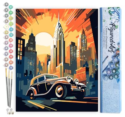 Figured'Art Peinture par Numéro Adulte Voiture Art Déco à New York - Activité Manuelle Kit de Loisir Créatif DIY Numéro d'Art Complet - 40x50cm sans châssis en bois
