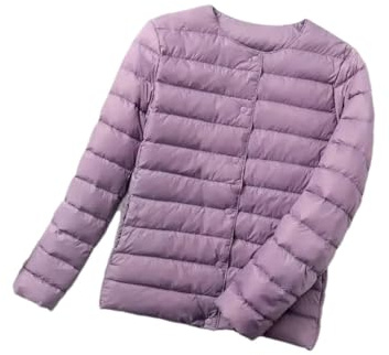 Piumino da donna ultra leggero tinta unita girocollo parka cappotto con bottoni sul davanti, Viola chiaro, XL