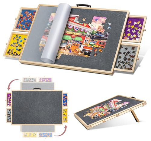 Lavievert 2-in-1 Tilting & Rotating Jigsaw Puzzle Board with 4 Colored Drawers & Cover, Wooden Swivel Puzzle Plateau for Adults, Portable Jigsaw Table with Non-Slip Tabletop for Up to 1000 Pieces