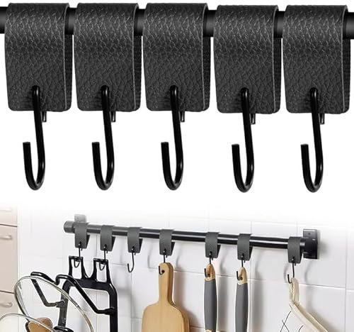 SNONESIY 5 Stück S Haken mit Lederschlaufe, Metall, 100% Metall, Kleiderhaken für Stange, Geeignet für Kleidung, Küche und Bad