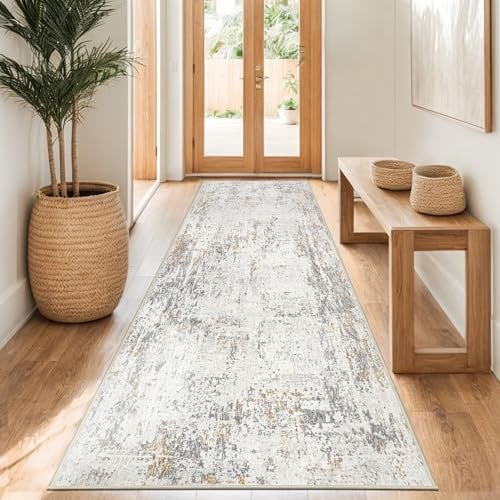 Capslpad Teppich Läufer Flur 80x300cm Beige Abstrakter Waschbar rutschfest Küchenläufer Teppich Modern Minimalistisch Kurzflor Kunstwolle Teppiche für Wohnzimmer Schlafzimmer