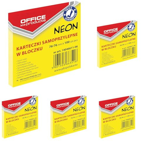 OFFICE PRODUCTS 14046611-06 Haftnotiz 76 x 76 mm, 1 X 100 Blatt, Neon/gelb (Packung mit 5)