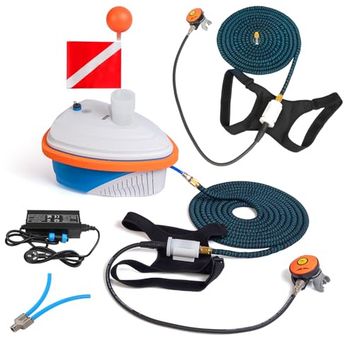 HQLYZJDV Sistema de Buceo a Batería para 2 Buceadores, Ventilador de Buceo Recargable con 2 Mangueras de 18 m y Reguladores, Sistema de Buceo Sin Tanque con 7-10 Horas de Autonomía