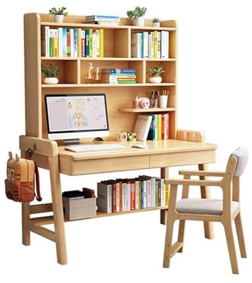 Solid Wood Desk with Built In Bookcase for Home Office or Bedroom Modern Design Spacious Storage Durable Construction Wood Color 80 x 60 x 186 cm Includes Chair (Size B)