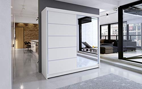 Easy4You London 180 cm Sliding Door White Wardrobe with Mirror Widths 100/120/150/180/200 cm Furniture for Bedroom Living Room Wardrobe with Hanging Rail
