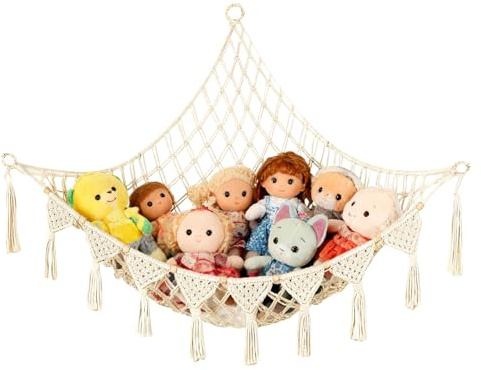 Chuanhylis Kuscheltier Aufbewahrung Netz, Handgefertigtes Baumwollseil Stofftier Aufbewahrung, Böhmische Windband Stofftier-Hängematte, für Kinderzimmer, Home, Hochzeits Dekoration