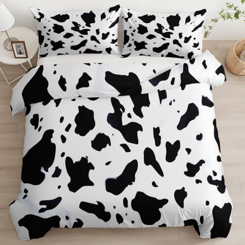 Generisch Schwarz Weiß Kuhflecken Bettwäsche 200 x 200 cm 3-TLG Weich Mikrofaser Bettbezug Set + 2 Kissen 80 x 80 cm, Landhaus Look Animal Print Deko Geschenk für Teenager Kinder