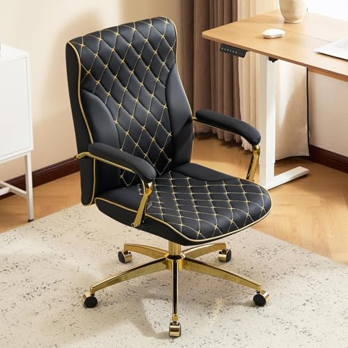 Ckaff Bürostuhl Ergonomisch, PU Leder Chefsessel, Schreibtischstuhl Computerstuhl Drehstuhl mit Hoher Rückenlehne, Gepolsterter Armlehnen und Höhenverstellbar, Neigefunktion, Schwarz