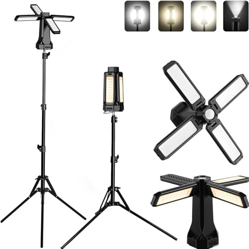 eSynic Luz de Trabajo LED Recargable con Trípode 16000mAh Regulable Cuatro Paneles Foco LED Exterior 4000 Lúmenes Linterna Camping Portátil Garaje Taller Mecánico con Imán Gancho SOS IP66